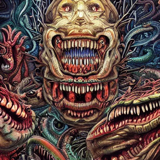 Image similar to a hyper - detailed high painting of giant heads joined by snakes, the heads are open they have spiked scales and sharp teeth, the mouth is open and monstrous beings of all kinds run and scream, psychedelic horror surreal art cosmic horror weird bizarre art