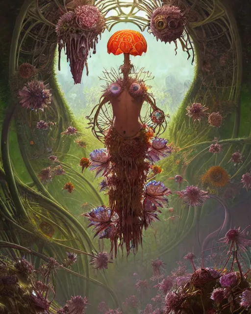 Image similar to the platonic ideal of flowers, rotting, insects and praying of cletus kasady carnage davinci dementor chtulu mandelbulb mandala ponyo dinotopia the witcher, fantasy, ego death, decay, dmt, psilocybin, concept art by randy vargas and greg rutkowski and simon stalenhag and alphonse mucha