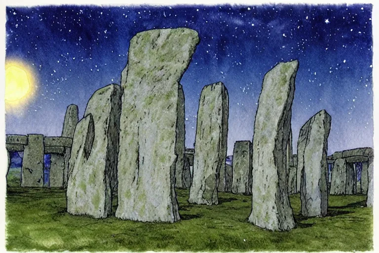 Image similar to hyperrealist studio ghibli watercolor fantasy concept art of a 1 0 0 ft. giant druid sitting on stonehenge. it is a misty starry night. by rebecca guay, michael kaluta, charles vess