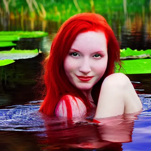 Image similar to A red-haired girl bathes in a lake where water lilies are floating, High definition, detailed,