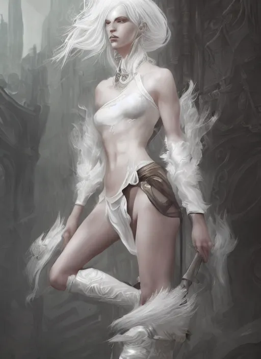Image similar to a highly detailed illustration of white haired pale lady wearing big black blindfold, dramatic standing pose, intricate, elegant, highly detailed, centered, digital painting, artstation, concept art, smooth, sharp focus, league of legends concept art, wlop