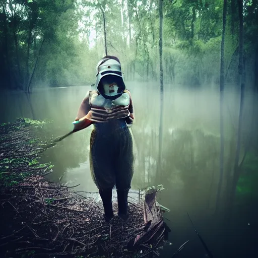 Prompt: thin little girl in a swamp wearing old gas mask. Water to her knees. Bayou. Dark Green forest. Late night. Cloudy. Foggy. Fireflies fly around