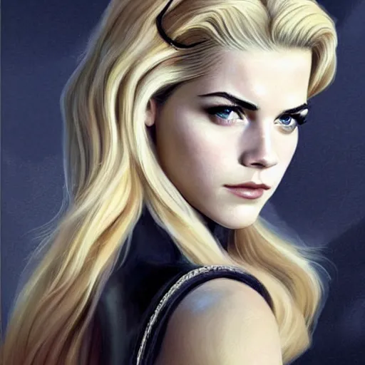 Image similar to A combination of Katheryn Winnick's and Grace Kelly's and Emma Watson's faces with blonde hair as Solid Snake from Metal Gear Solid, full body portrait, western, D&D, fantasy, intricate, elegant, highly detailed, digital painting, artstation, concept art, matte, sharp focus, illustration, art by Artgerm and Greg Rutkowski and Alphonse Mucha