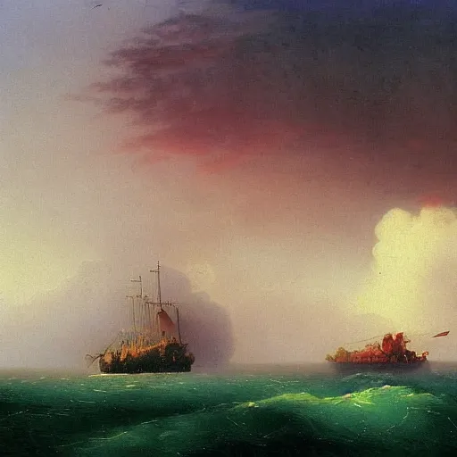 Image similar to red clouds and green ocean with sailboat painting by ivan aivazovsky