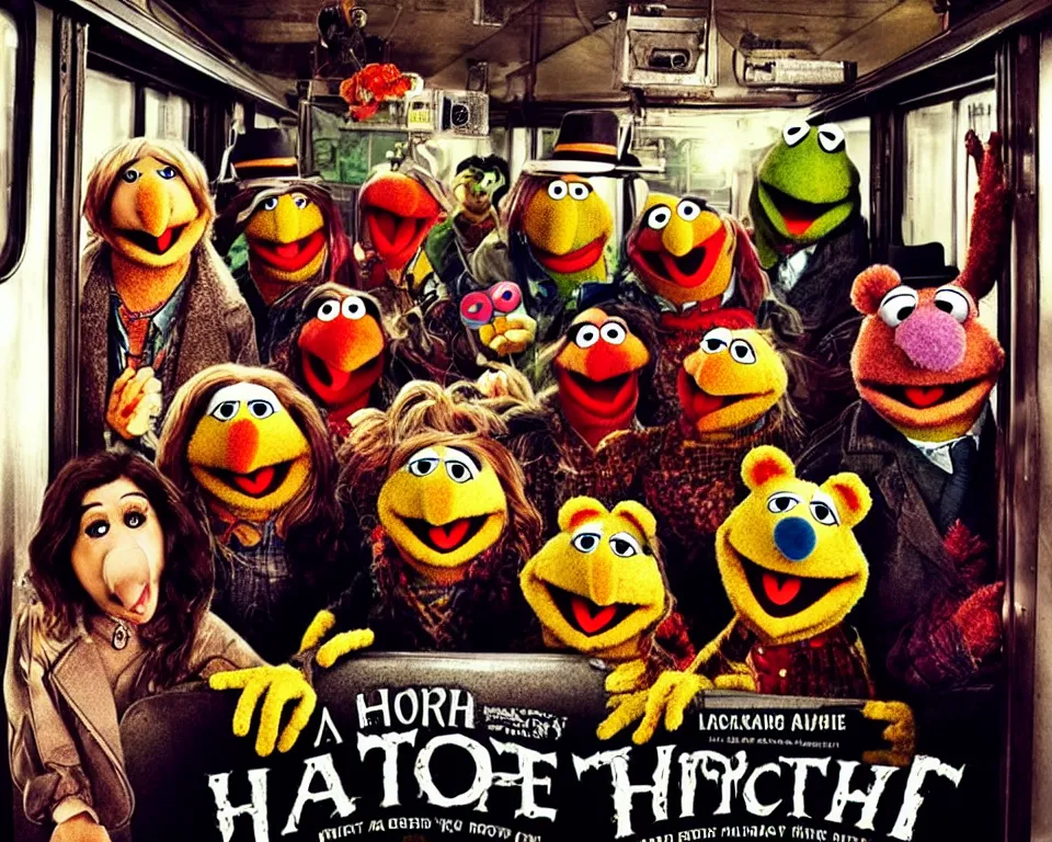 Image similar to a horror movie poster featuring muppets hijacking a train