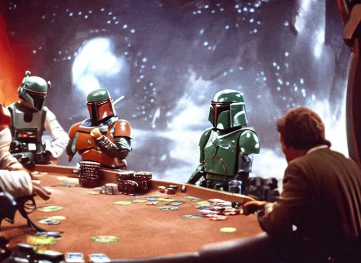 Image similar to film still of Boba Fett gambling in vegas in Star Wars The Empire Strikes Back,