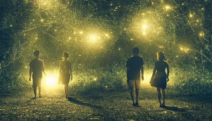 Image similar to a couple walking in the middle of fireflies in a poor neighbourhood, cinematic lighting, wow, establishing shot