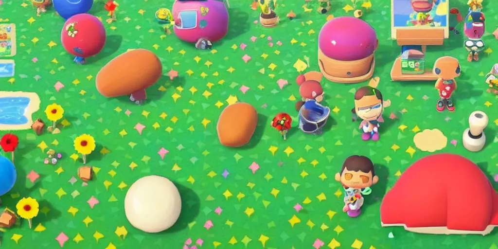 Prompt: screenshot of a Katamari rolling up an Animal Crossing island