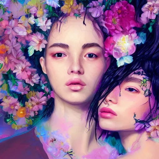 Image similar to portrait of the two most beautiful women surrounded by soft florals, vaporwave lighting, dewy skin, concept art, high detail, beautiful, dreamy, procreate