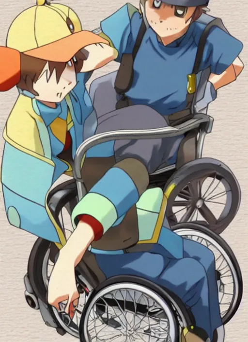 Image similar to a pokemon trainer traveling in a wheelchair, anime, art by ken sugimori