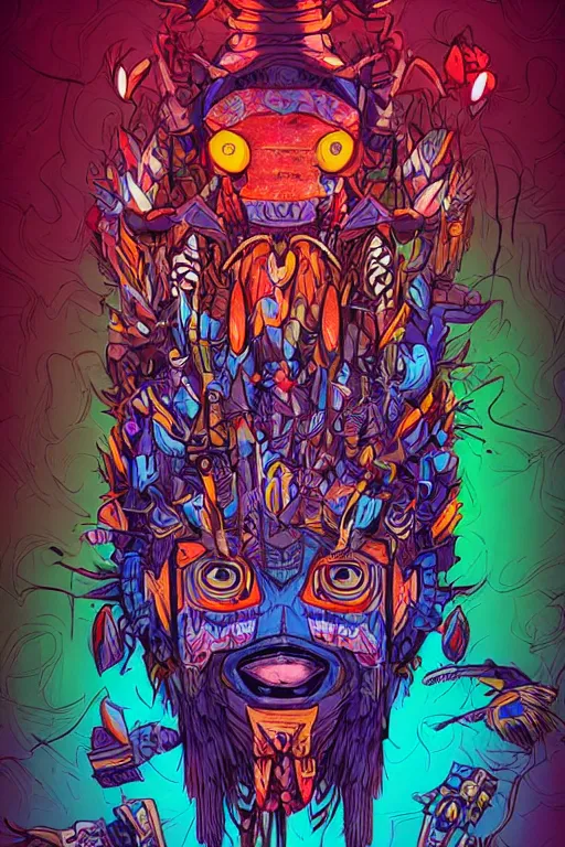 Image similar to totem animal tribal chaman vodoo mask feather gemstone plant wood rock video game illustration vivid color borderlands by josan gonzales and dan mumford radiating a glowing aura