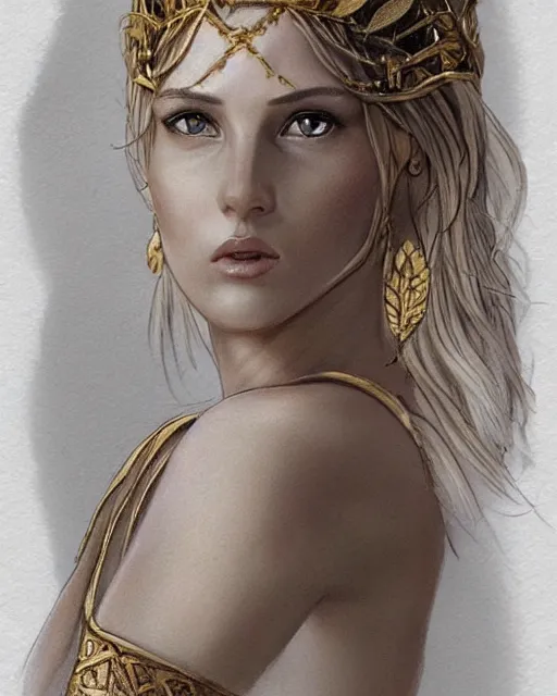 Prompt: tattoo design sketch of cute blonde super model as aphrodite greek goddess wearing a gold laurel wreath and triangle earrings, beautiful piercing gaze with sharp pupils, in the style of greg rutkowski, fantasy, amazing detail, epic, elegant, smooth, sharp focus, front view