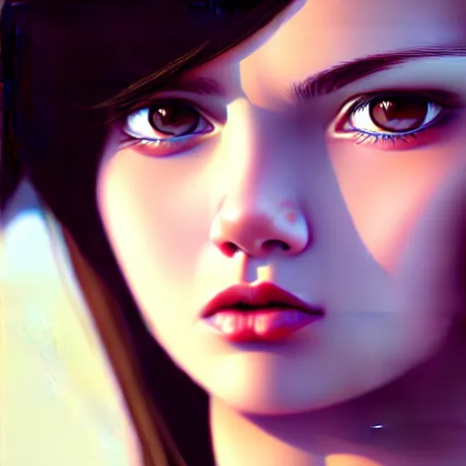 Prompt: close up face female portrait, 20 years old in a scenic environment by Ilya Kuvshinov