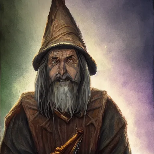 Image similar to Chawick the Fail Wizard, a wizar's apprentice in ragged and stained wizard's robes and hat. 8k resolution, full-length portrait, digital painting, fantasy art, D&D character art, greg rukowski, frank frazetta, larry elmore.