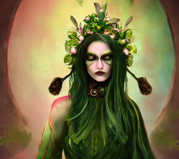 Image similar to beautiful female character inspired by st patricks day parade and floral headdress vampire bounty hunter | | digital artwork made by greg rutswork, anna dittmann and lois van barlee, symmetrical rim light, anatomically correct