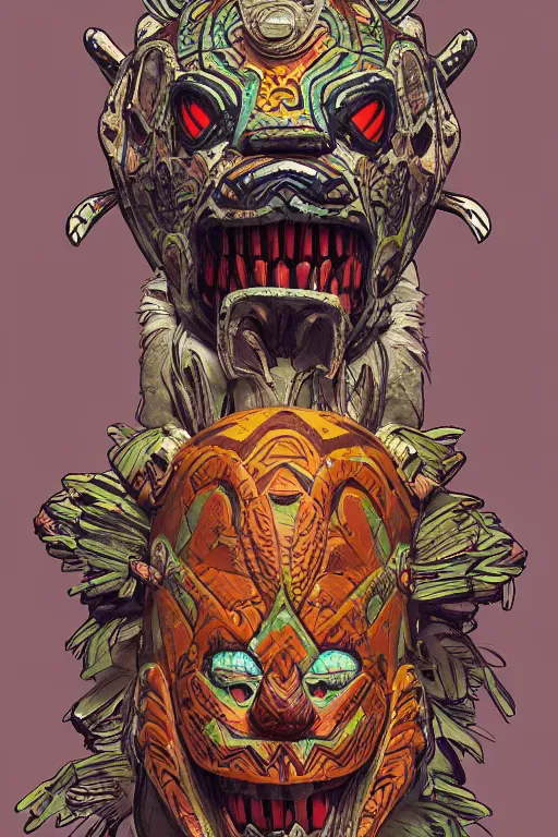 Image similar to totem animal tribal vodoo mask feather gemstone plant global illumination ray tracing hdr that looks like it is from borderlands and by feng zhu and loish and laurie greasley, victo ngai, andreas rocha, john harris