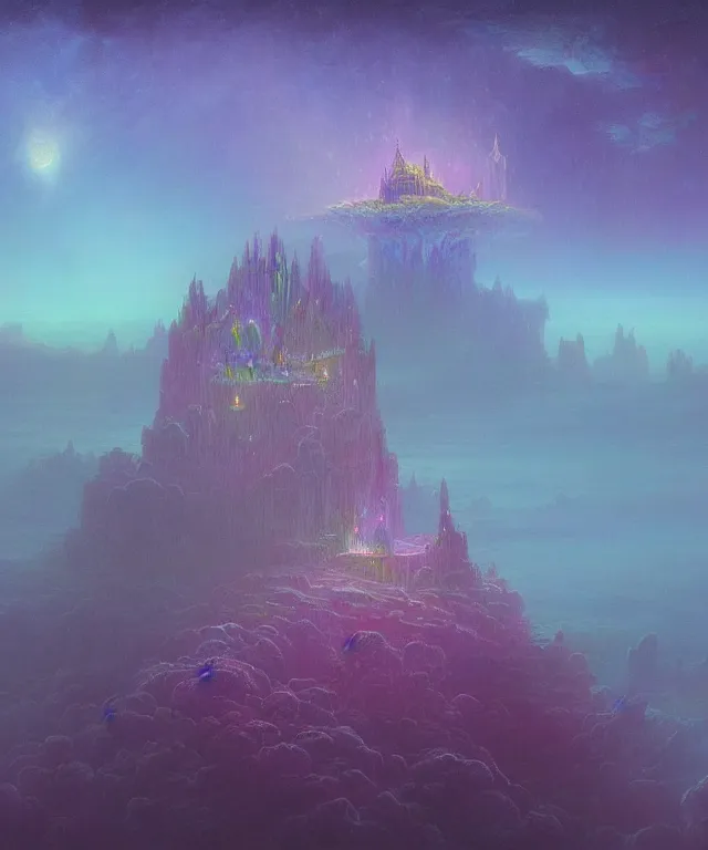Prompt: an ultra detailed concept digital art painting of a singular floating island castle, levitating across space in a misty pearlescent nebula by paul lehr kazumasa uchio situated in a starry expanse of bioluminescent cosmic worlds by beksinski and beeple, flying citadel with towers, trending on artstation