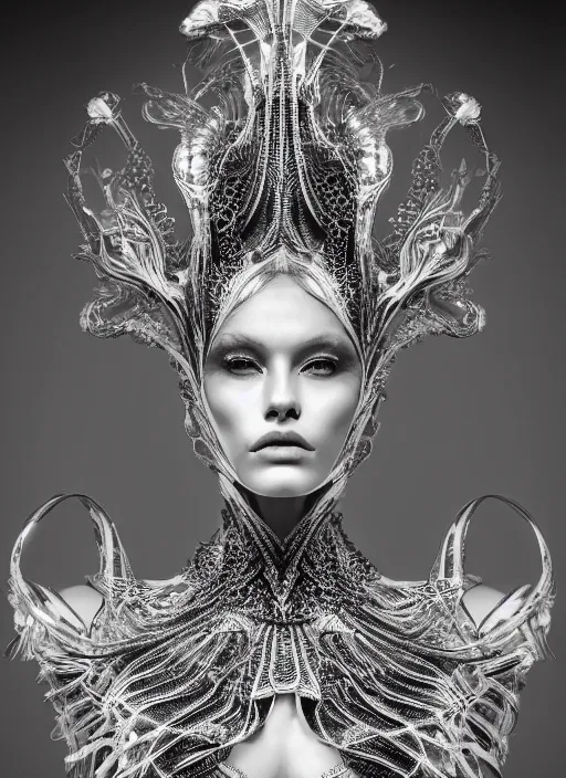 Prompt: portrait of beautiful female super model, perfect symmetrical pose, sharp, by irakli nadar with intricate detailed wearing silver victorian dress designed by alexander mcqueen and rocky gathercole, haunting, elite, elegant, ruan jia, dark, hyper detailed, concept art, intricate, detailed