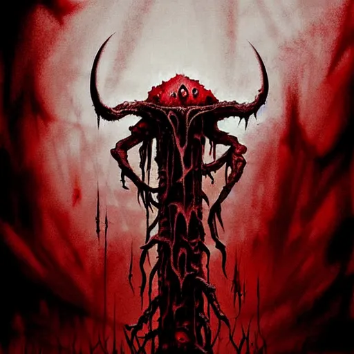 Image similar to disturbing grunge image of a demon infested fungus, 2 meters tall. horror airbrush art, by greg rutkowski, by greg tocchini, by tom bagshawred, colored ink on wet sketchbook paper, white, red, black, crimson and grey color scheme