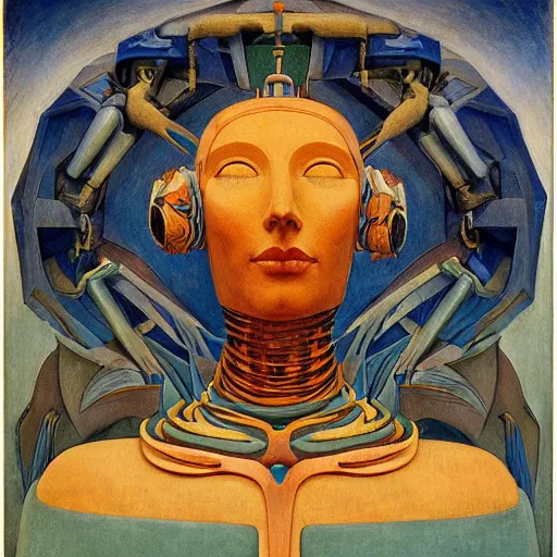 Image similar to the robot queen wearing her bird mask, by annie swynnerton and diego rivera and elihu vedder and jean delville, symbolist, dramatic lighting, elaborate geometric ornament, head and shoulders view, art brut, soft cool colors, smooth, sharp focus, extremely detailed, adolf wolfli, leo and diane dillon, nicholas roerich