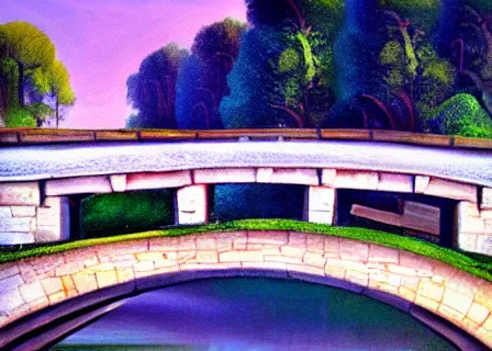 Image similar to modern stylized oil painting of medieval stone bridge, very very very beautiful, funny structure, romanticism by goya, bright art, cinematic dramatic lighting, plants and water