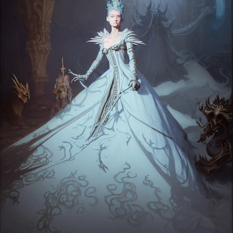 Prompt: portrait of a baroque princess dress from the fantasy world for the dragon queen atey gailan, greg rutkowski, greg tocchini, james gillard, joe fenton, kete butcher, dynamic lighting, gradient light blue, brown, light cream and white colors, grunge aesthetics, detailed and complex environment