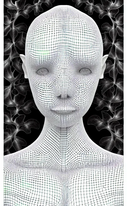 Image similar to a black and white 3D render of a beautiful profile face portrait of a female vegetal-dragon-cyborg, 150 mm, orchid stems, ivy, fine vegetal lace, Mandelbrot fractal, anatomical, flesh, facial muscles, microchip, veins, arteries, full frame, microscopic, elegant, highly detailed, flesh ornate, elegant, high fashion, rim light, octane render in the style of H.R. Giger