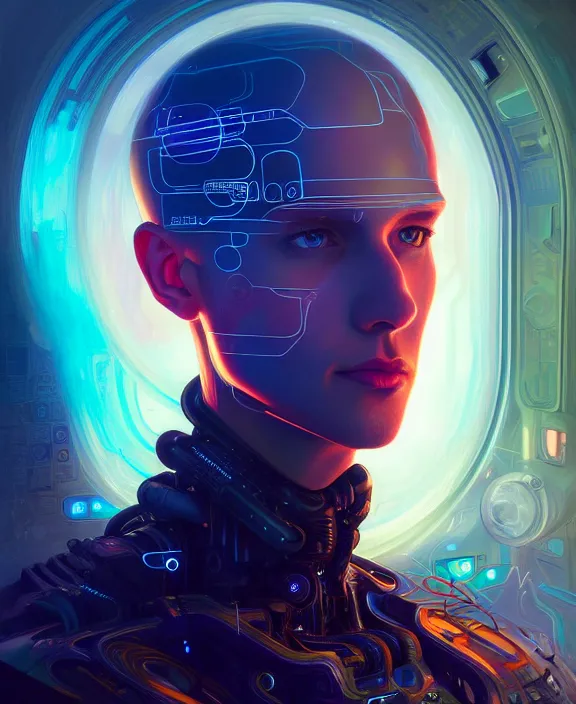 Image similar to a whirlwind inside the metaverse, guy, male, man, hologram, half body, neurochip, android, cyborg, cyberpunk face, by loish, d & d, fantasy, intricate, elegant, highly detailed, colorful, digital painting, artstation, concept art, art by artgerm and greg rutkowski and alphonse mucha