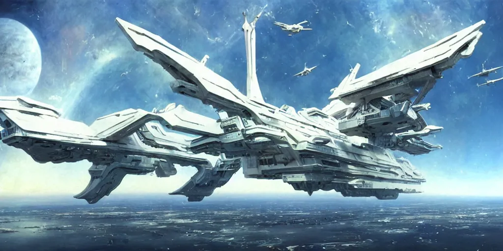 Prompt: huge white spaceship with wings with superstructure deck, big planet on background, by john berkey, detailed sci fi digital matte painting