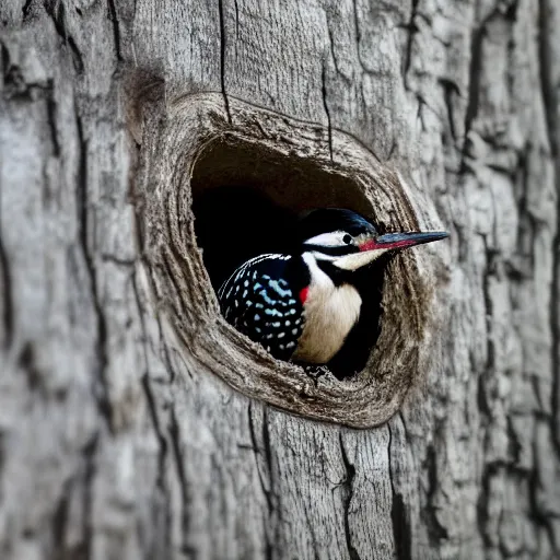 Prompt: 5 5 mm macro photo of a woodpecker inside a house in an oak tree, looking through the window. dof. bokeh. by greg rutkowski. highly detailed 8 k. intricate. lifelike. soft light. cinematic processing