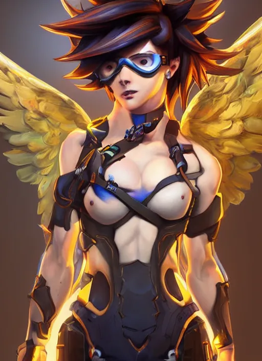 Image similar to full body oil painting of tracer overwatch in the style of mark brooks, angel wings, dramatic painting, symmetrical composition, wearing gold detailed choker, angelic, lights, flowers, heavenly, bright, detailed face,