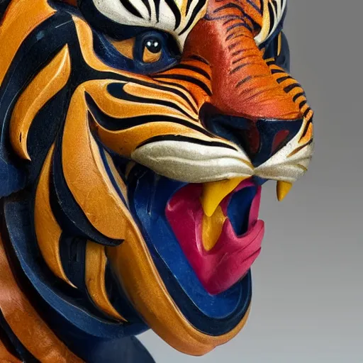 Prompt: breathtakingly cool beautiful complex stylised balinese carving ornate coloured sculpture tiger, extreme closeup, incredibly detailed, 8 k artstation