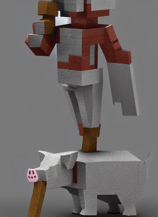 Prompt: pig from minecraft standing upright wearing iron armor and holding a sword, 3 d render, blender, trending on cgsociety