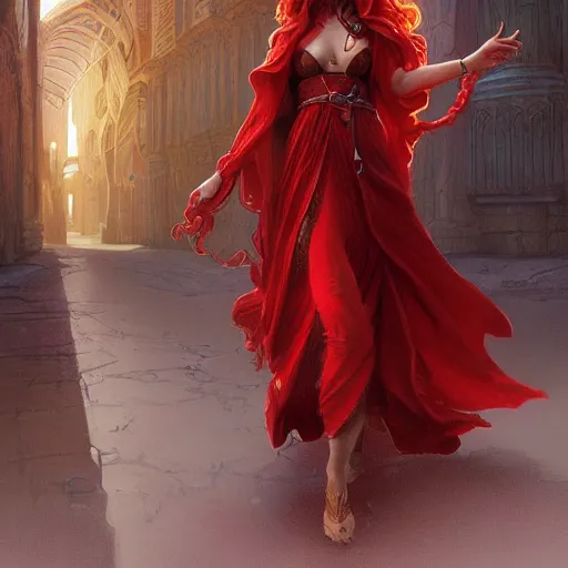 Prompt: a female sorcerer with curly red hair wearing a red dress and a red cloak exploring a colorful north - african coastal city, fantasy, highly detailed, digital painting, artstation, concept art, character art, art by greg rutkowski and tyler jacobson and alphonse mucha