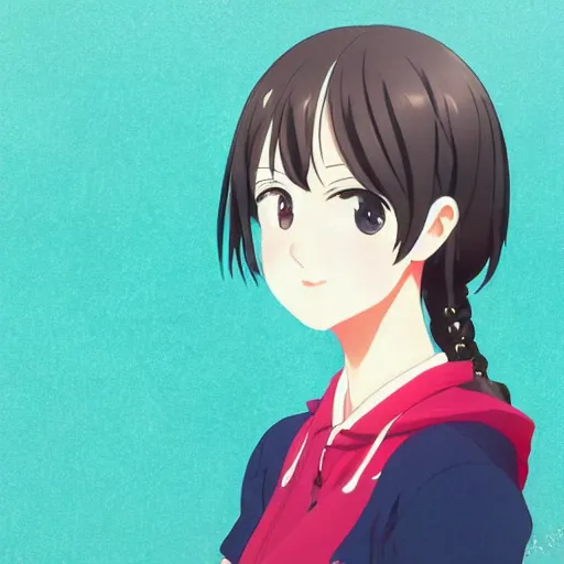 Image similar to a high detail portrait of high school girl by makoto sinkai, kyoto animation, kawaii, full body, in simple background, CLIP STADIO, mad painting