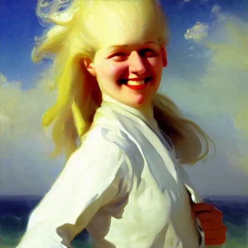 Image similar to painting of a cute albino female sailor woman with broad shoulders, flowing white hair, and a confident smile, ocean background. painting by john singer sargent and ivan aivazovsky, 4 k hd artstation