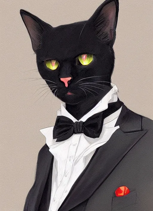 Prompt: portrait of a serious and intelligent black cat scholar!!! in a retro! suit, digital art by artgerm and greg rutkowski
