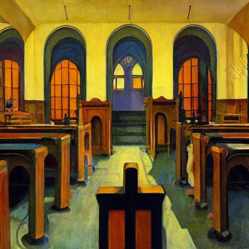 Image similar to apocalyptic scene, prayer, occult, refugees, mosque synagogue interior, gas masks, geometric art, patina, Edward Hopper, PJ Crook