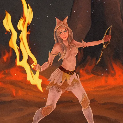 Prompt: a realistic illustration of a top half of a body of a female elf casting a fire spell