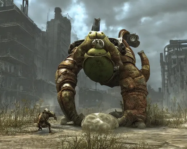 Prompt: screenshot from fallout 3 of shrek fighting a deathclaw, ray tracing, photorealistic graphics, nuka cola factory, swamp vs radiation,