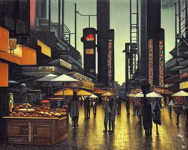 Image similar to street with food stands in a cyberpunk city on a rainy melancholy night by de chirico