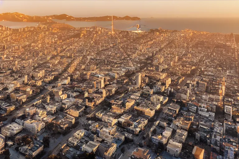 Image similar to aerial view of san francisco post apocalyptic, panoramic photography, golden hour, soft lighting, beautiful photo