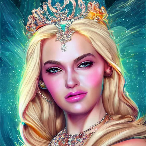 Image similar to a beautiful detailed portrait of a blonde stunningly beautiful fantasy queen in her throne room by lisa frank trending on artstation