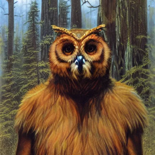Image similar to three quarter portrait of an owlbear in the forest, d & d, fantasy, boris vallejo,