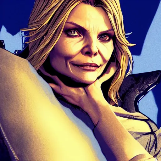 Prompt: michelle pfeiffer portrait, borderlands, tales from the borderlands, the wolf among us, comic, cinematic lighting, studio quality, 8 k