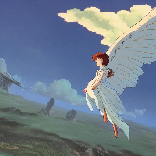 Image similar to A girl flying with a bird-shaped white glider over the clowds, Nausicaa of the Valley of the Wind, Miyazaki Hayao, ghibli style