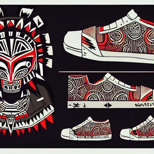 Image similar to sneaker design concept art, aztec mayan street fashion native punk sneaker design, majora's mask, wearing wooden mask, hip hop sneaker design with subtle mayan patterns, gapmoe yandere grimdark, trending on pixiv fanbox, painted by greg rutkowski makoto shinkai takashi takeuchi studio ghibli, akihiko yoshida