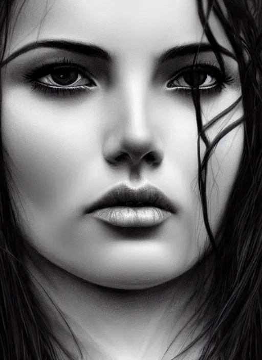 Image similar to up close portrait of a beautiful woman in black and white, photorealistic, intricate hair, art by diego fazio and diegoKoi and oscar Ukono, concept art, sharp focus, artgerm, 8k highly detailed