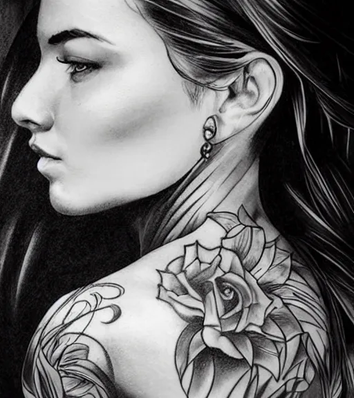 Image similar to tattoo design sketch of a beautiful woman face against a background of beautiful mountains and nature, hyper - realistic, in the style of den yakovlev, amazing detail, black and white