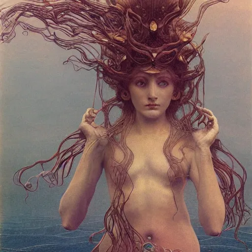 Prompt: queen of neptune by zdzisław beksinski, alexander mcqueen, gaston bussiere and alphonse mucha. highly detailed, hyper - real, beautiful